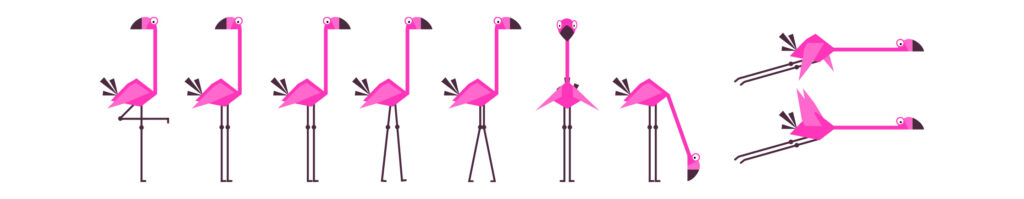 Illustrations de flamants roses en ligne pour l'animation Bouge ton Flamingo à Montpellier, vus sous tous les angles différents