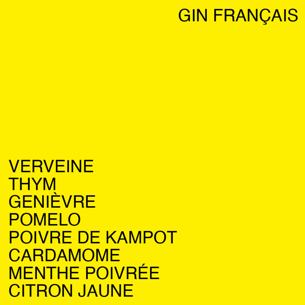 Liste des ingrédients du Gin Mojo : verveine, thym, genièvre, pomelo, poivre de Kampot, cardamome, menthe poivrée, citron jaune sur fond jaune