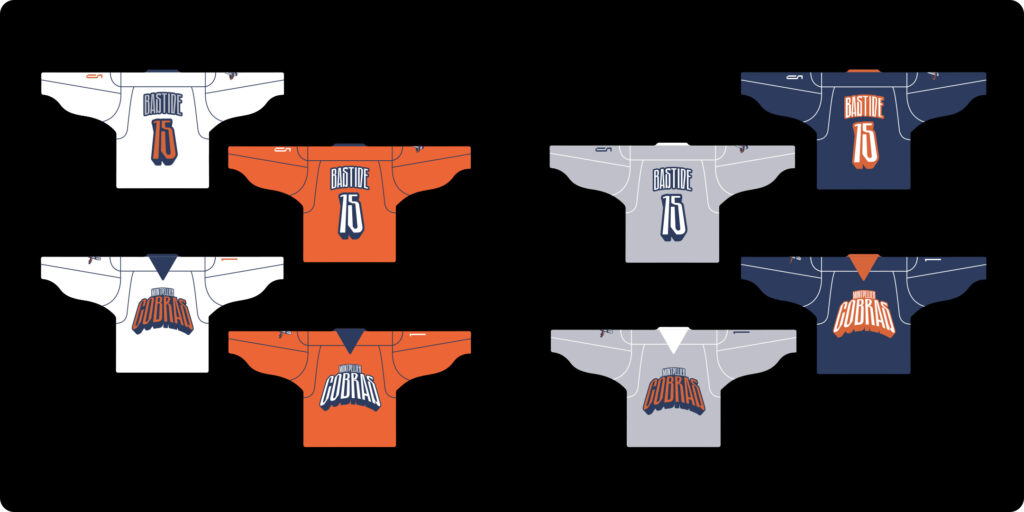 Différents maillots de l'équipe féminine de hockey sur glace des Cobras de Montpellier, incluant les maillots domicile et extérieur