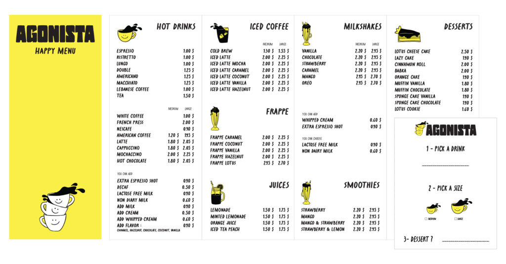 Menu complet du café inclusif Agonista, incluant des boissons chaudes, des cafés glacés, des milkshakes, des frappés, des jus, des smoothies et des desserts