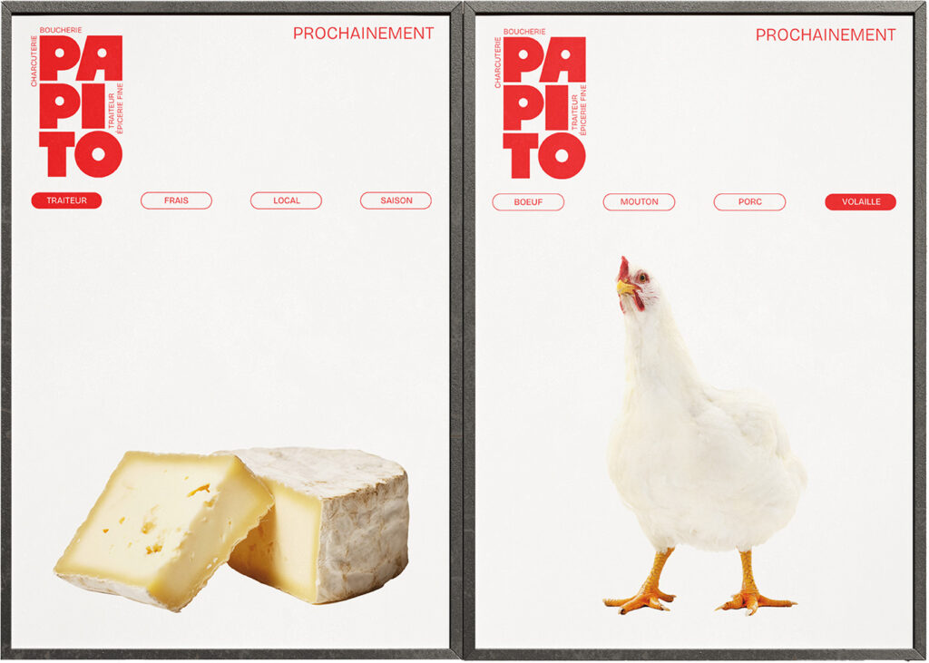 Affichage pour la rue de Papito, présentant les catégories de produits frais, locaux, saisonniers, bœuf, mouton, porc et volaille