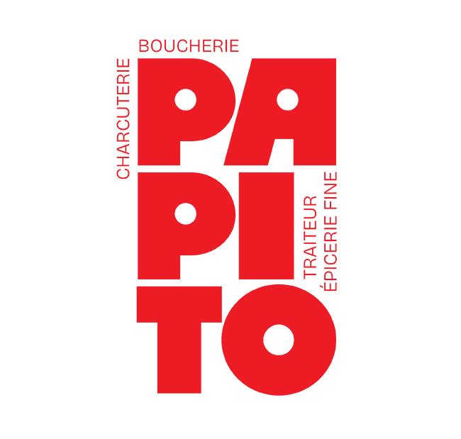 Logo de Papito avec les mots "BOUCHERIE", "CHARCUTERIE", "TRAITEUR" et "ÉPICERIE FINE" Papito a ses lettres empilés les uns sur les autres en rouges