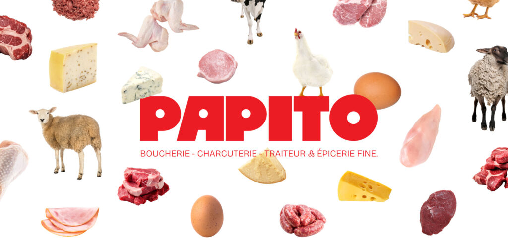 Logo de Papito en rouge avec des photos de produits et d'animaux détourés, représentant la boucherie, charcuterie, traiteur et épicerie fine