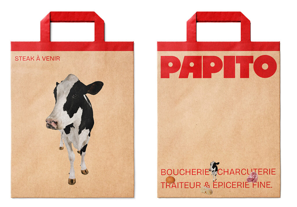 Sacs en papier Papito avec une image de vache et le texte "STEAK À VENIR", et un sac avec le logo Papito et le texte "BOUCHERIE CHARCUTERIE TRAITEUR & ÉPICERIE FINE"