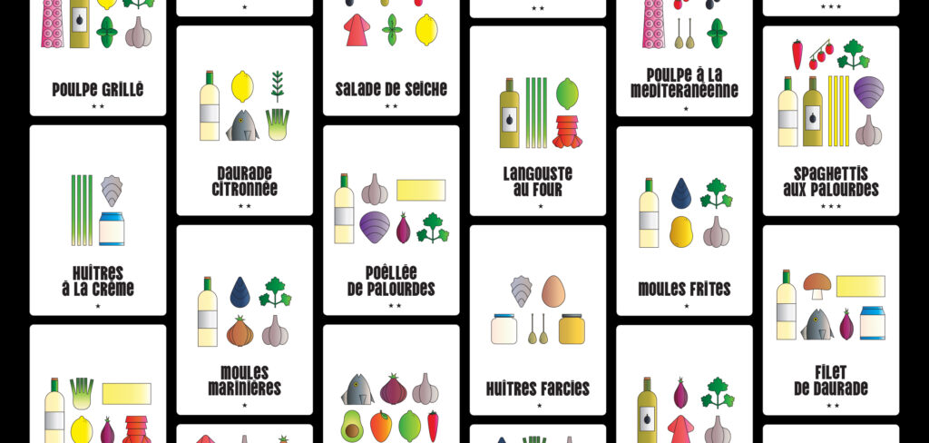 Cartes des recettes pour le jeu de cartes Le Rush, présentant divers ingrédients et plats